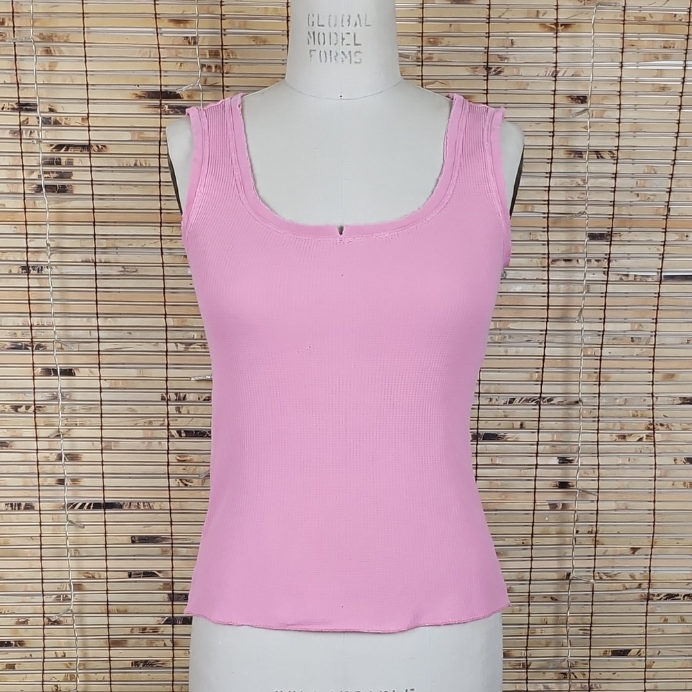 Cute Pink Thermal Tank Top Raw Edge Neck